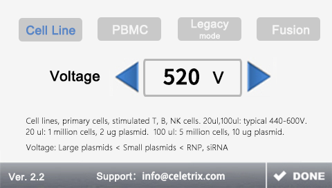 Close-up of the Celetrix system screen in Cell Line Mode, demonstrating a simplified parameter interface optimized for robust mammalian cell lines like Jurkat and CHO cells, allowing high-efficiency transfection with simple voltage micro-adjustments.