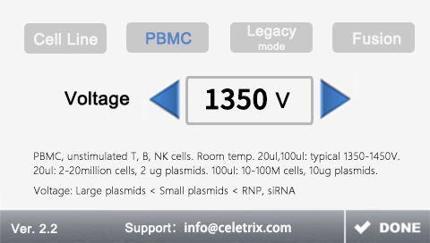 Close-up of the Celetrix system screen in PBMC Mode, displaying the official interface description for gentle, highly optimized voltage control specifically engineered for delicate primary immune cells, T cells, and NK cells to achieve maximum viability and transfection yield.