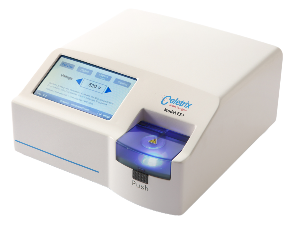 Celetrix Model EX+ cell electroporation system supporting 1ml tubes for large plasmid transfection