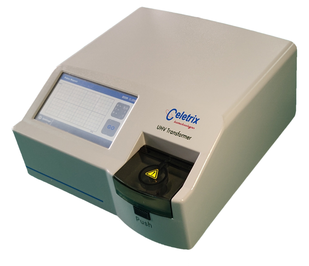 The upgraded Celetrix UHV+ advanced electroporator, expanding beyond bacteria and yeast to fully support high-efficiency mammalian cell transfection and gene editing with superior cell viability.