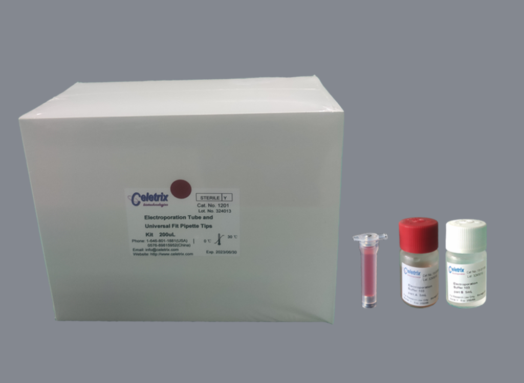 Product packaging of the Celetrix universal mammalian cell electroporation kit (20ul-200ul), supplied with sealed tubes and a single buffer. It is optimized for high-efficiency gene editing, CRISPR, and stable pool development in cells like CHO, T cells, and iPSCs with excellent viability.
