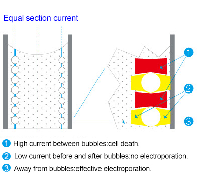 Diagram of current distribution in an electroporation cuvette under the bubble effect, showing high current density between bubbles causing cell death and low current zones causing zero electroporation.